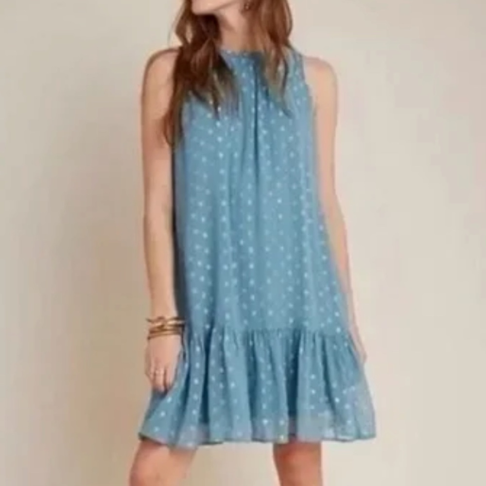 Anthropologie Blue Natalie Metallic Flounce Dress, Size Small
